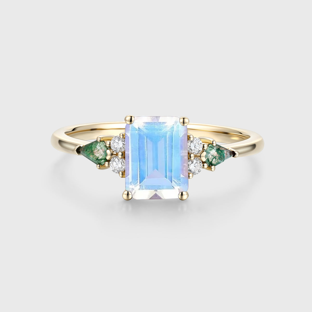 Emerald cut Moonstone & Moss Agate Solid Gold Engagement Ring