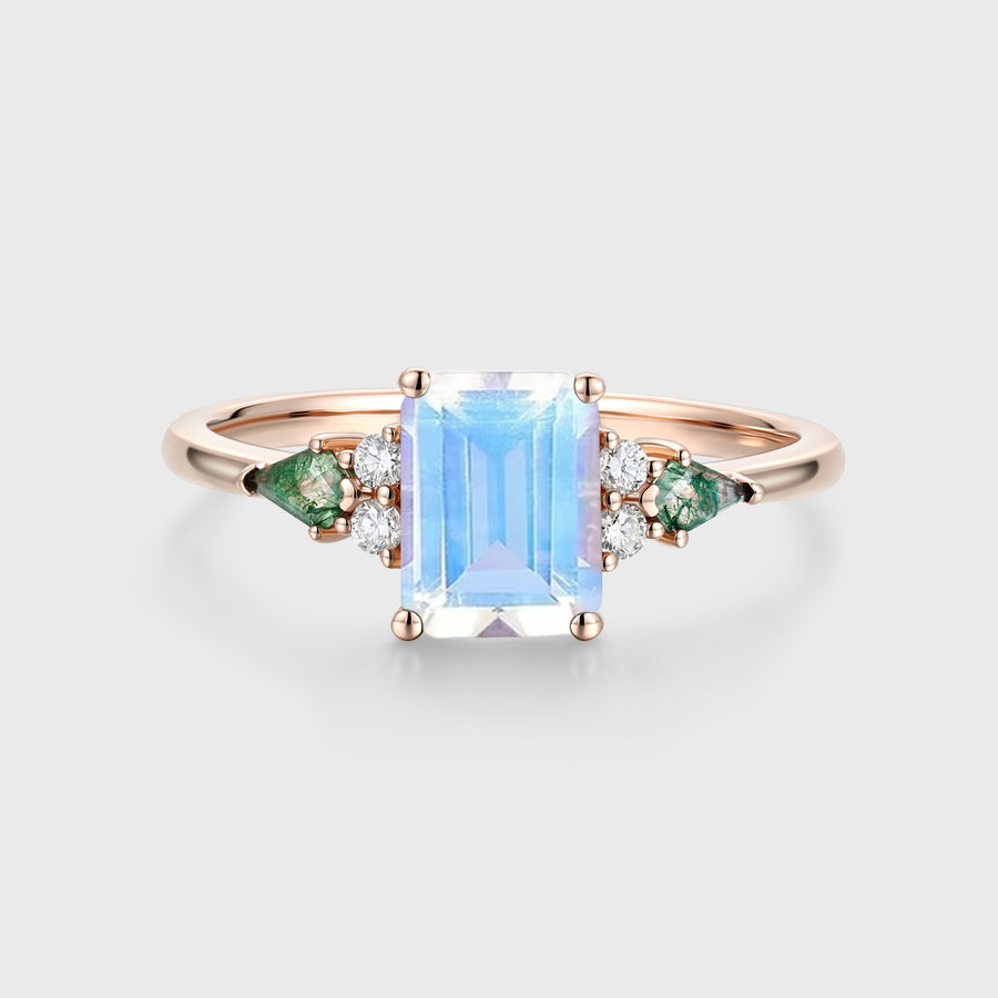 Emerald cut Moonstone & Moss Agate Solid Gold Engagement Ring