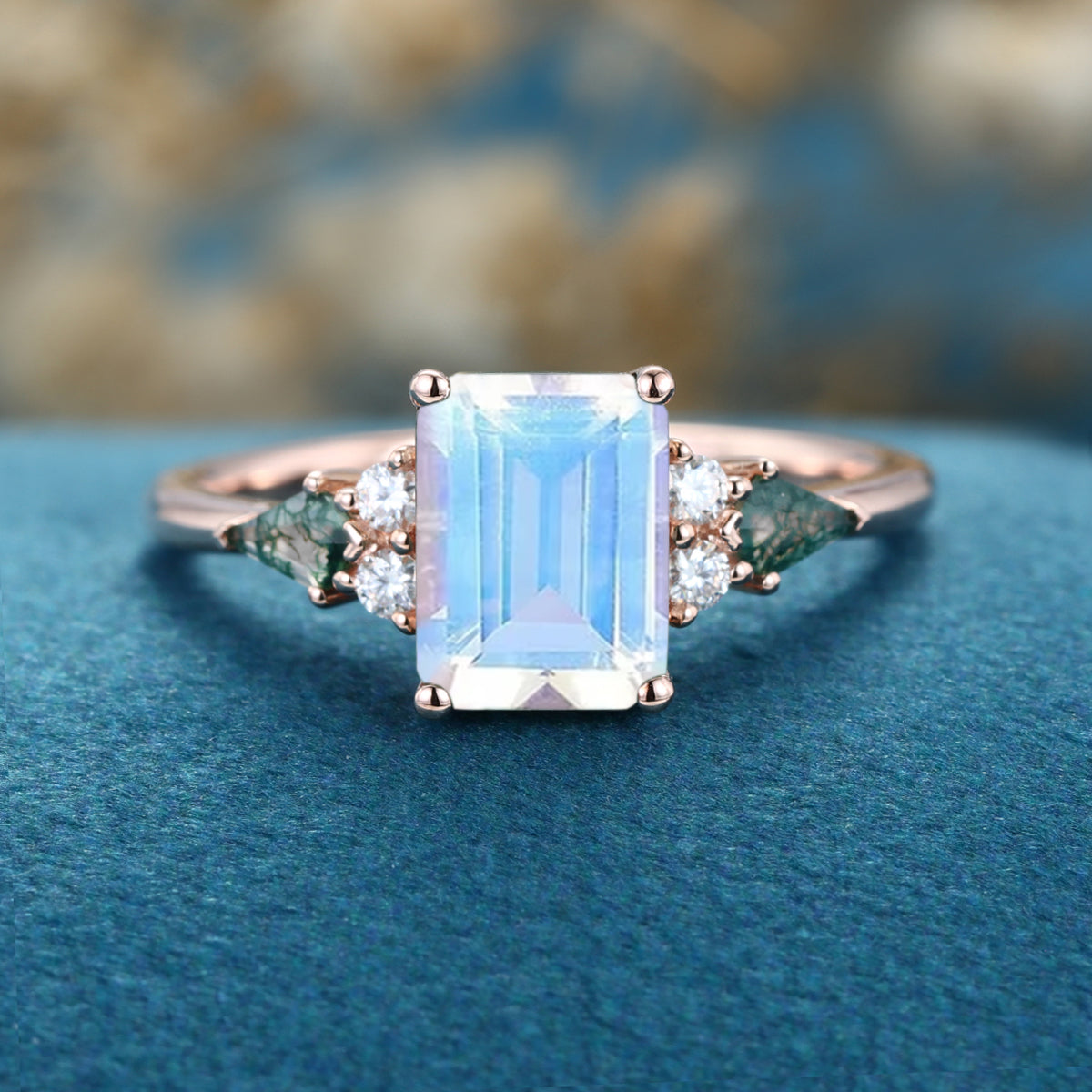 Emerald cut Moonstone & Moss Agate Solid Gold Engagement Ring