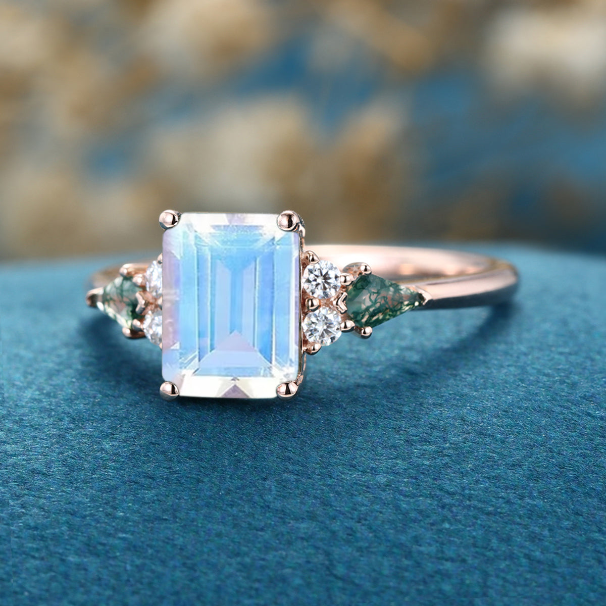 Emerald cut Moonstone & Moss Agate Solid Gold Engagement Ring