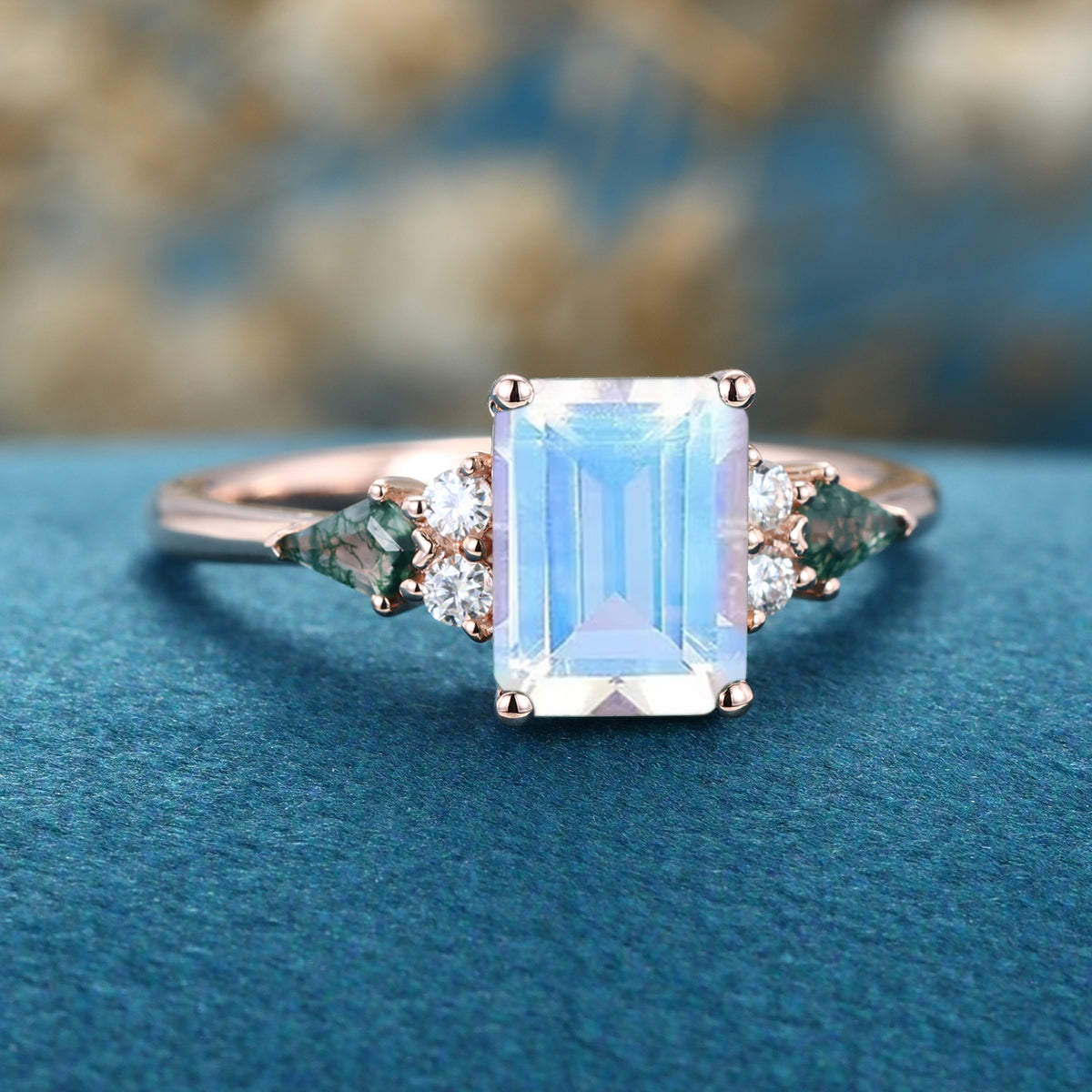 Emerald cut Moonstone & Moss Agate Solid Gold Engagement Ring