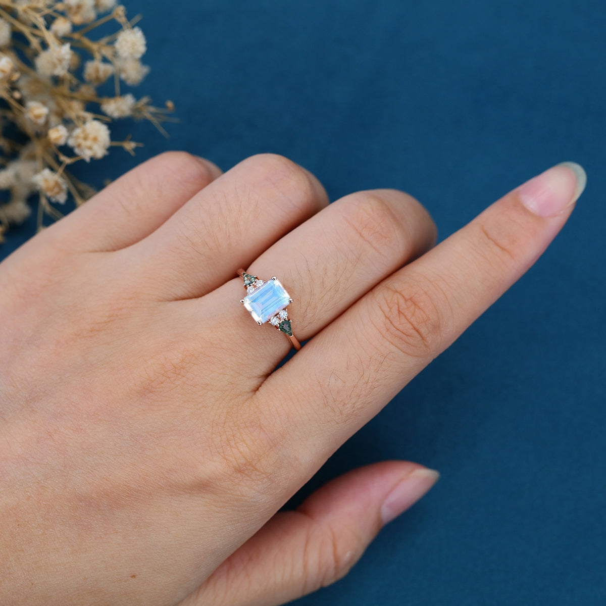 Emerald cut Moonstone & Moss Agate Solid Gold Engagement Ring