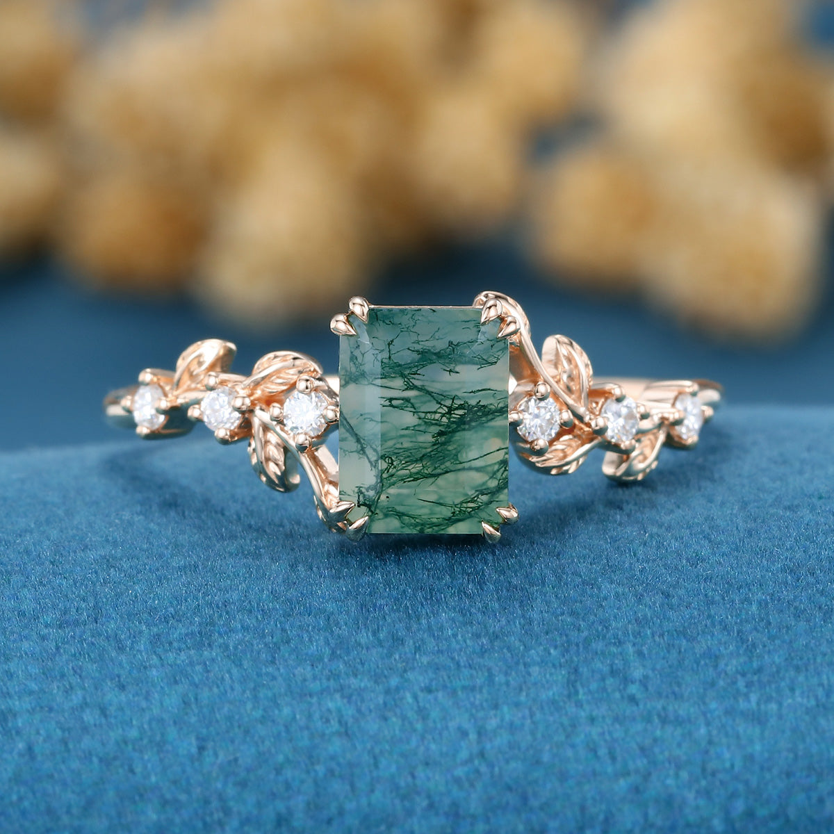 Emerald cut Moss Agate Matching Moissanite | Diamonds Gold Engagement Ring