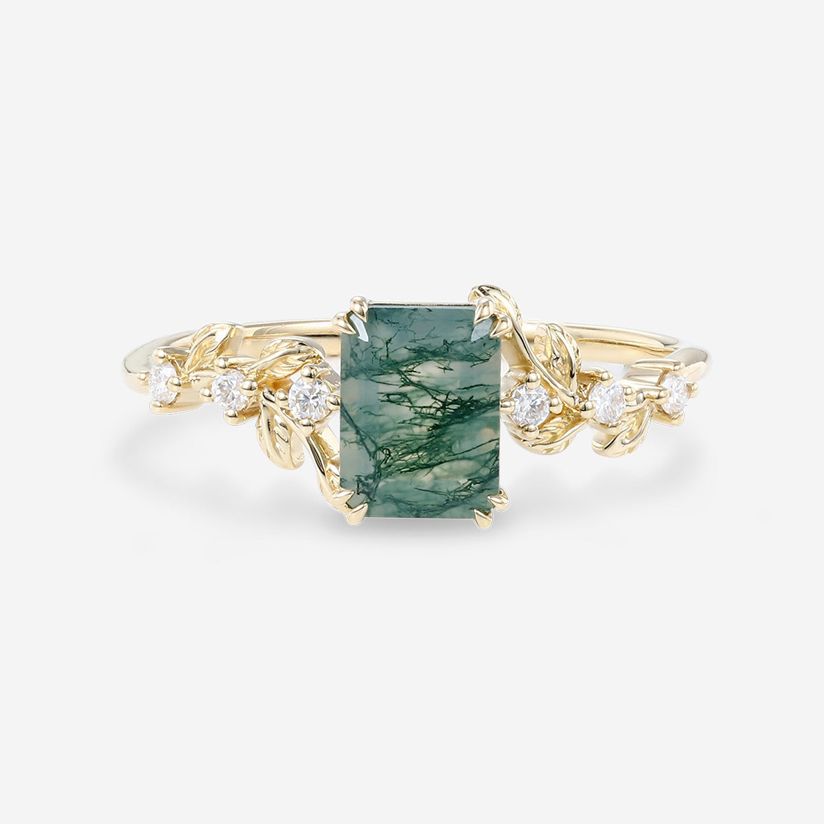 Emerald cut Moss Agate Matching Moissanite | Diamonds Gold Engagement Ring