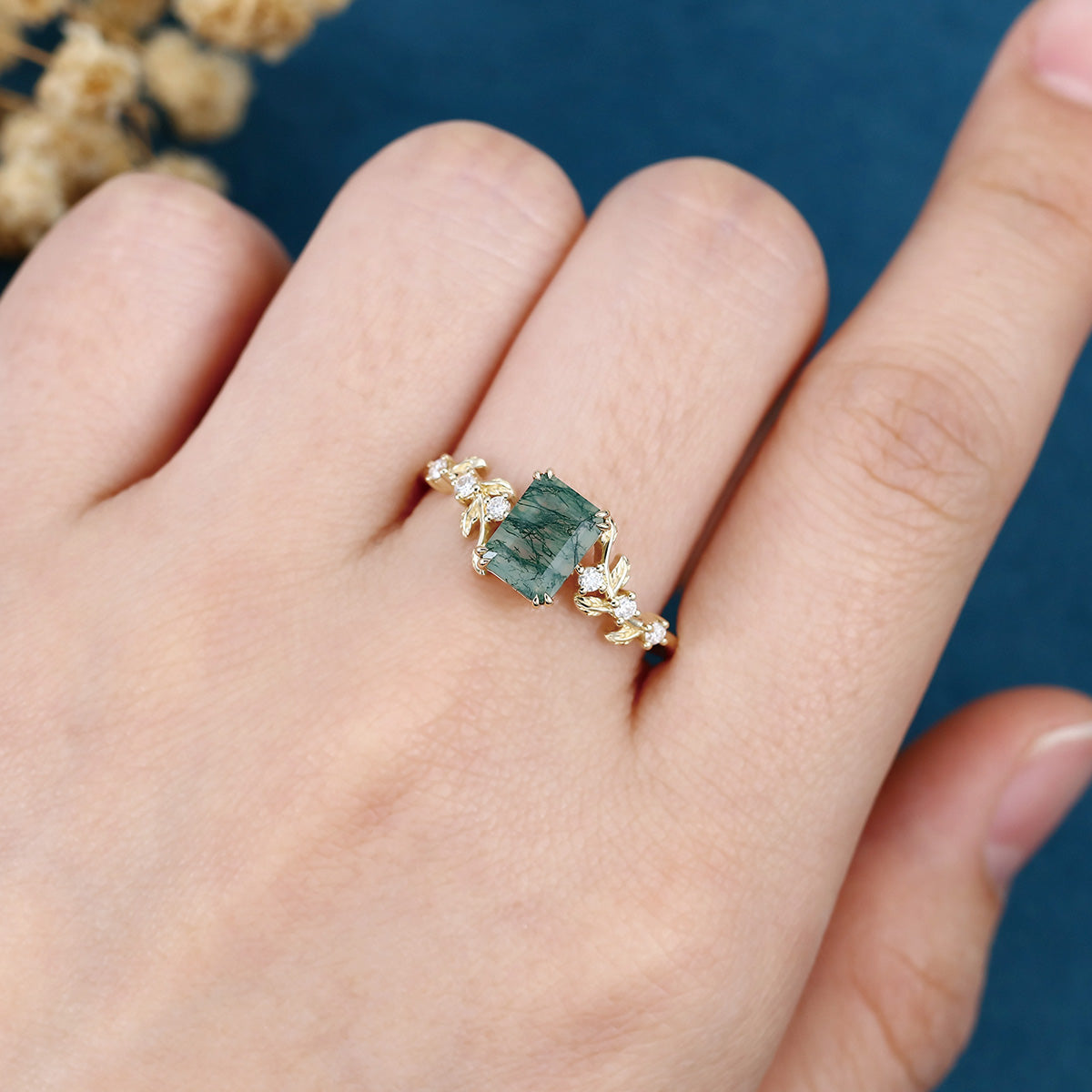 Emerald cut Moss Agate Matching Moissanite | Diamonds Gold Engagement Ring