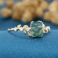 Emerald cut Moss Agate Matching Moissanite | Diamonds Gold Engagement Ring