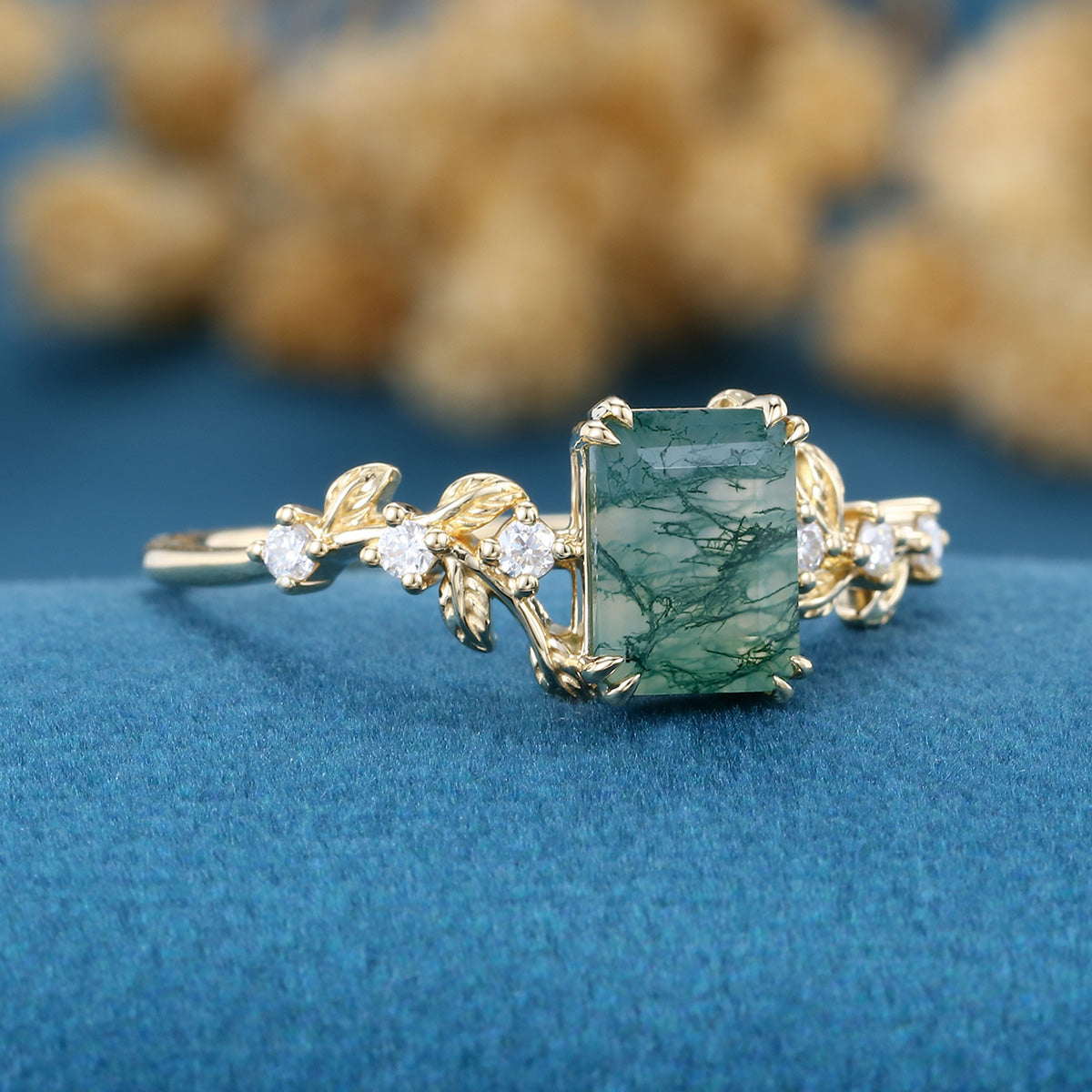 Emerald cut Moss Agate Matching Moissanite | Diamonds Gold Engagement Ring