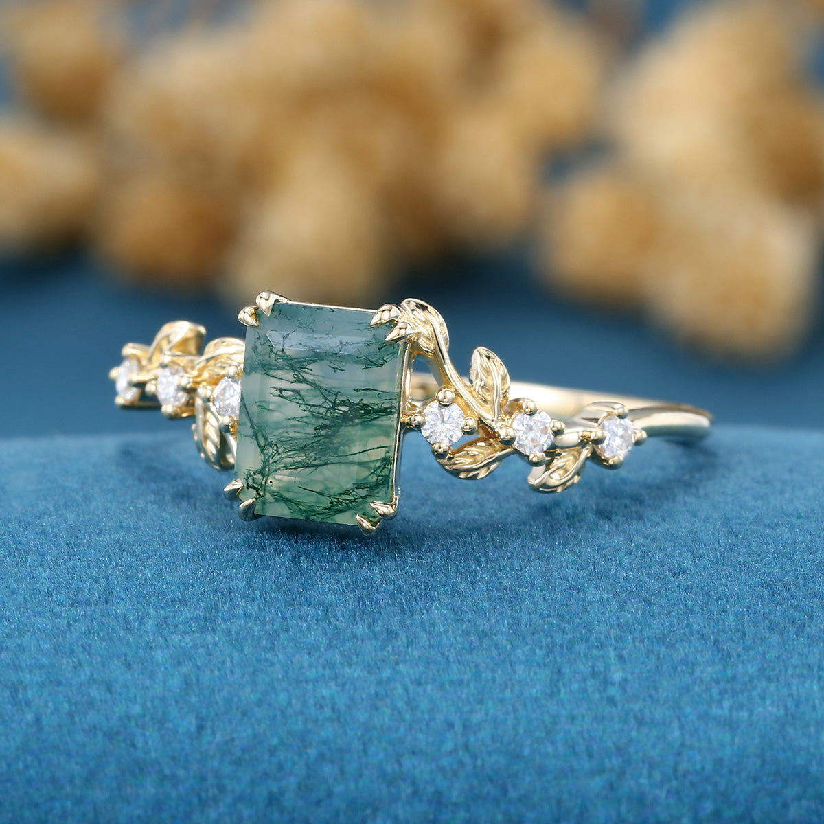 Emerald cut Moss Agate Matching Moissanite | Diamonds Gold Engagement Ring