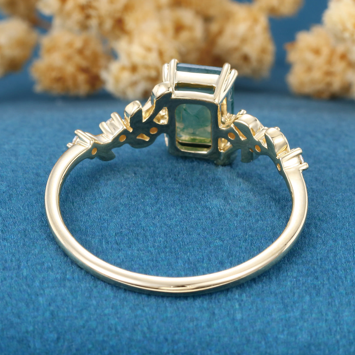 Emerald cut Moss Agate Matching Moissanite | Diamonds Gold Engagement Ring