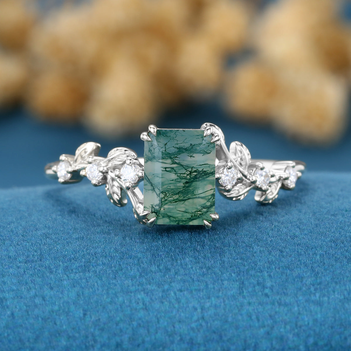 Emerald cut Moss Agate Matching Moissanite | Diamonds Gold Engagement Ring