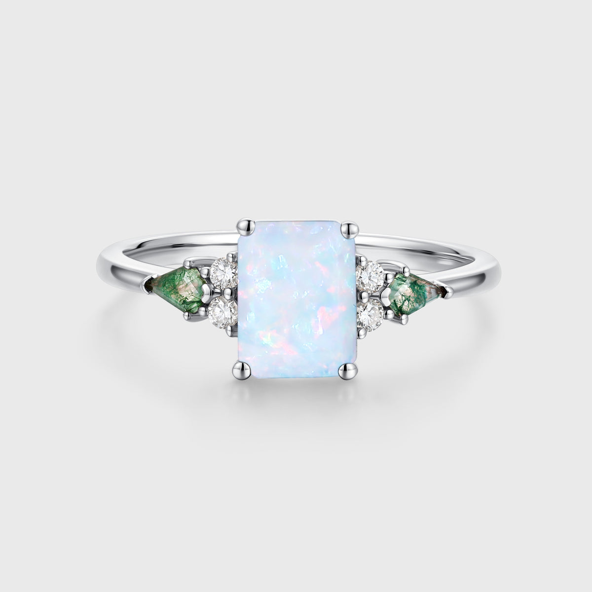 Emerald cut Opal & Moss Agate Solid Gold Engagement Ring