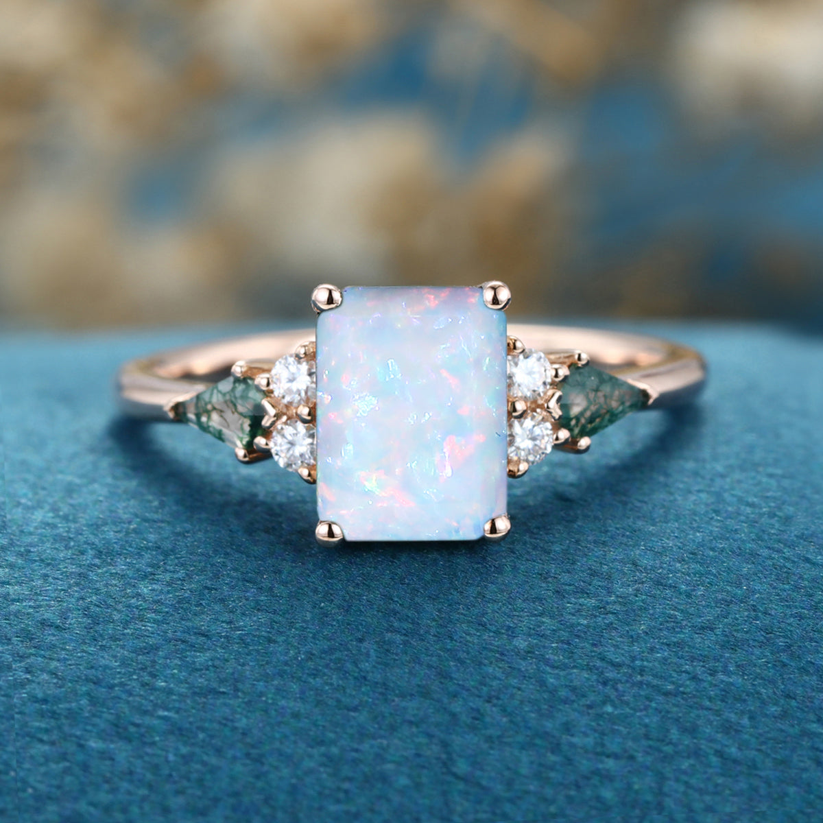 Emerald cut Opal & Moss Agate Solid Gold Engagement Ring