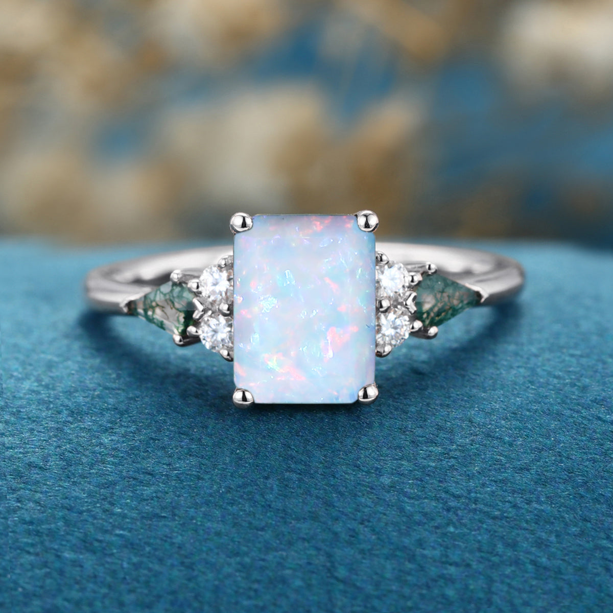 Emerald cut Opal & Moss Agate Solid Gold Engagement Ring
