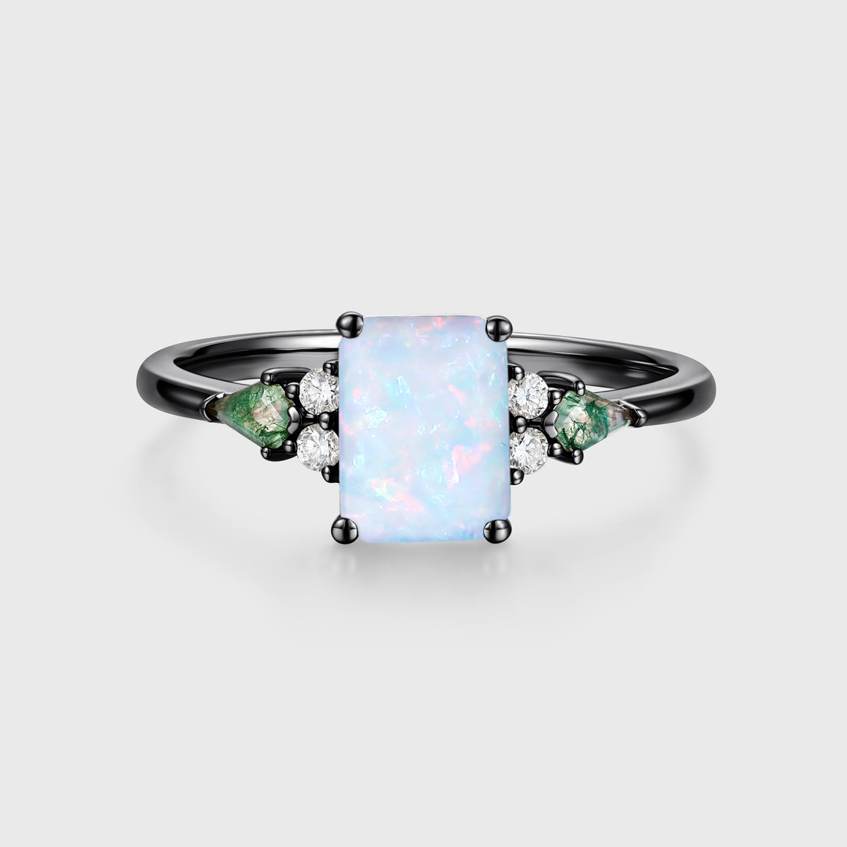 Emerald cut Opal & Moss Agate Solid Gold Engagement Ring
