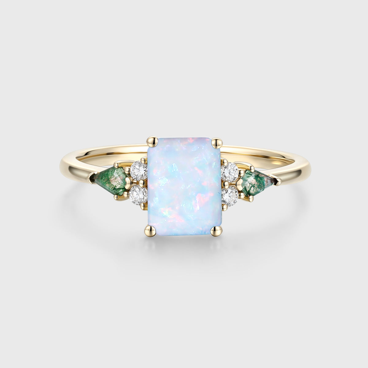 Emerald cut Opal & Moss Agate Solid Gold Engagement Ring