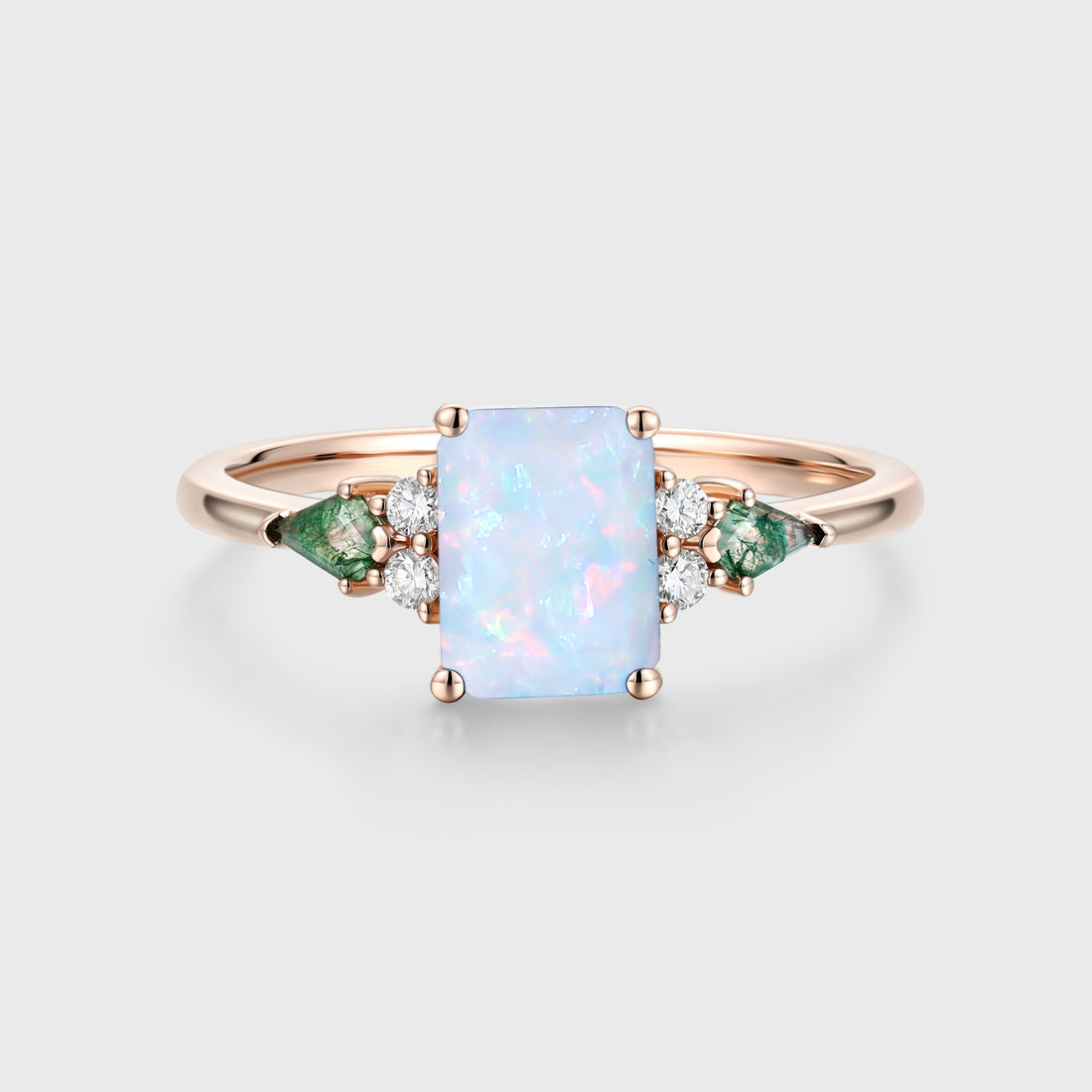 Emerald cut Opal & Moss Agate Solid Gold Engagement Ring