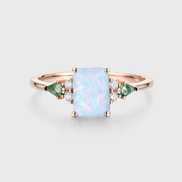 Emerald cut Opal & Moss Agate Solid Gold Engagement Ring