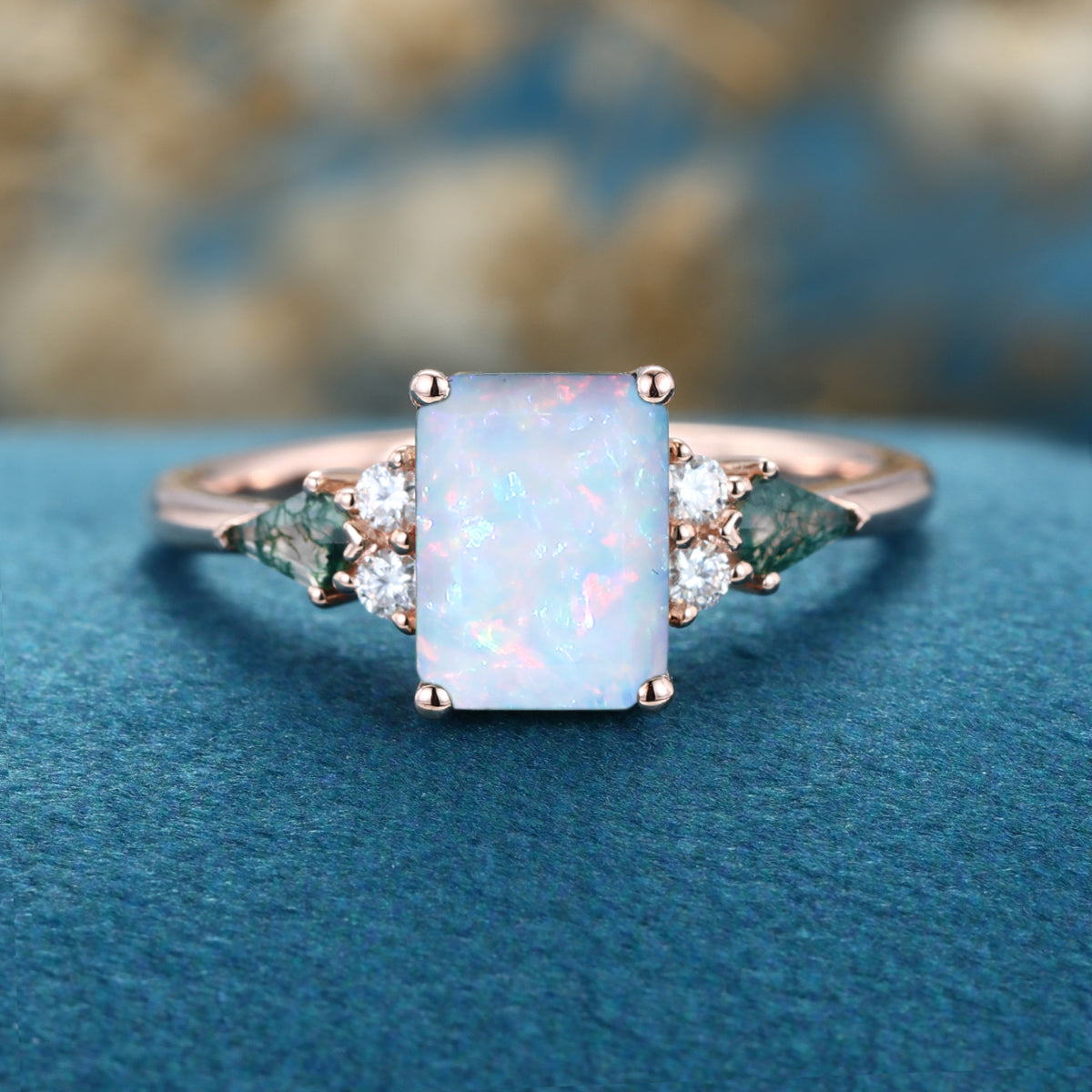 Emerald cut Opal & Moss Agate Solid Gold Engagement Ring