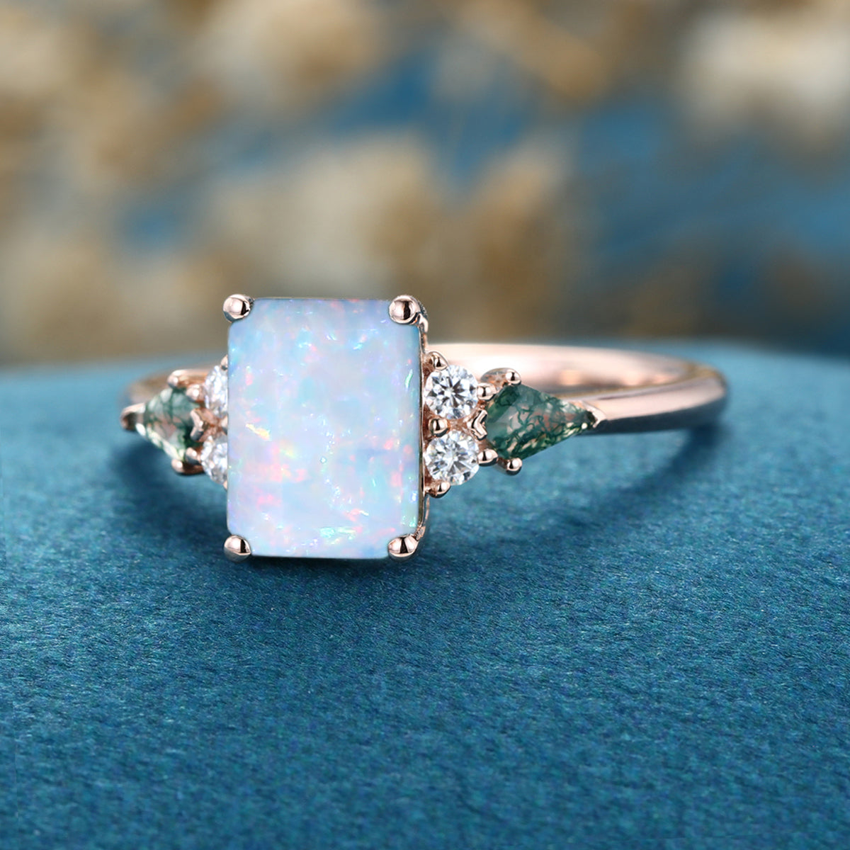 Emerald cut Opal & Moss Agate Solid Gold Engagement Ring