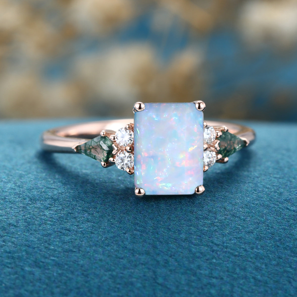 Emerald cut Opal & Moss Agate Solid Gold Engagement Ring