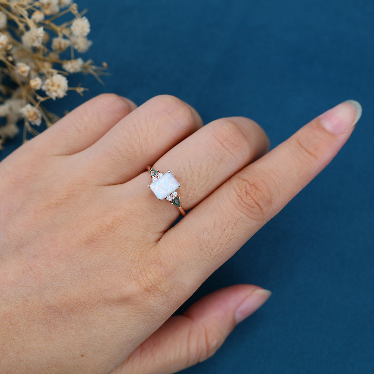 Emerald cut Opal & Moss Agate Solid Gold Engagement Ring