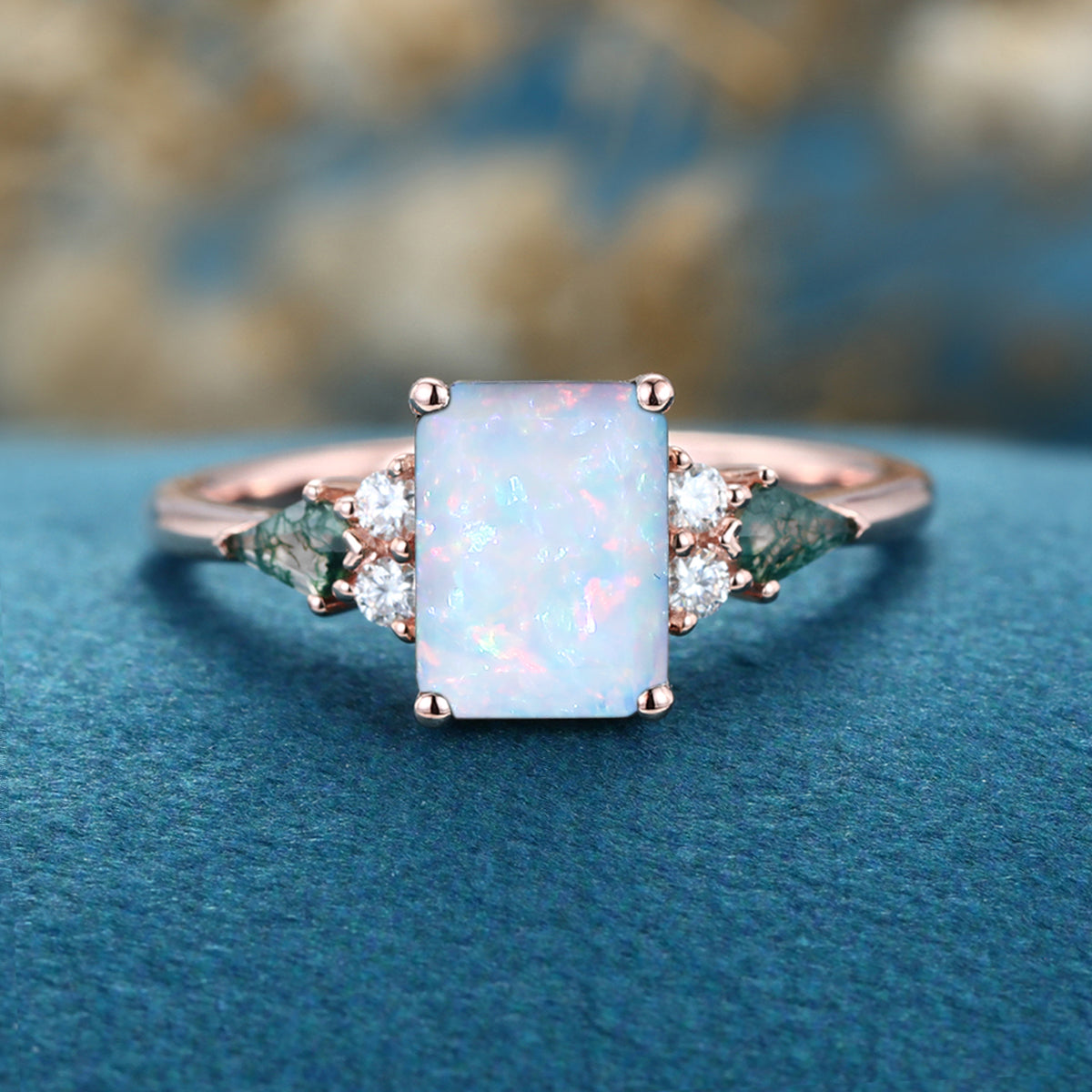 Emerald cut Opal & Moss Agate Solid Gold Engagement Ring