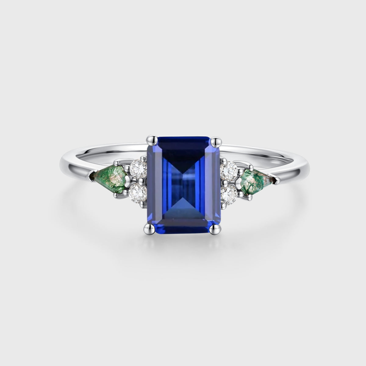 Emerald cut Sapphire & Kite cut Moss Agate Solid Gold Engagement Ring (