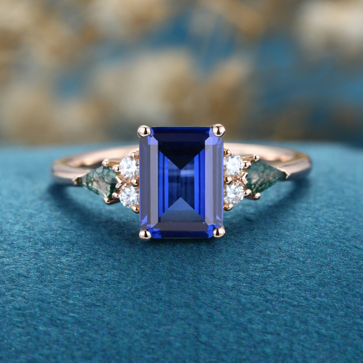 Emerald cut Sapphire & Kite cut Moss Agate Solid Gold Engagement Ring (