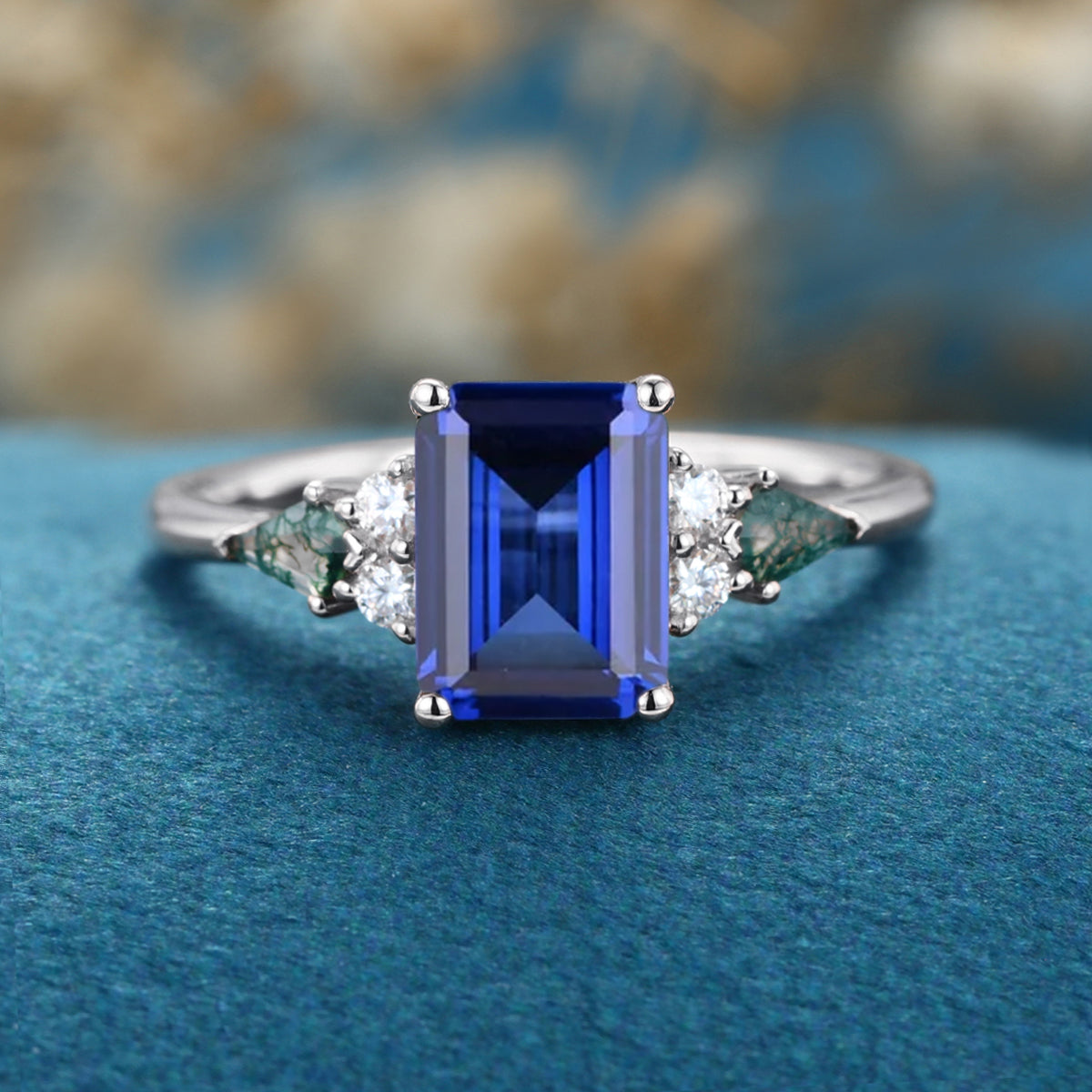 Emerald cut Sapphire & Kite cut Moss Agate Solid Gold Engagement Ring (