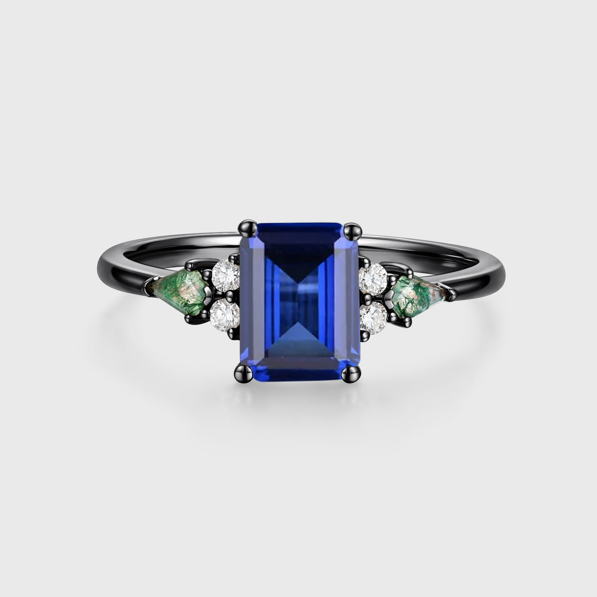 Emerald cut Sapphire & Kite cut Moss Agate Solid Gold Engagement Ring (