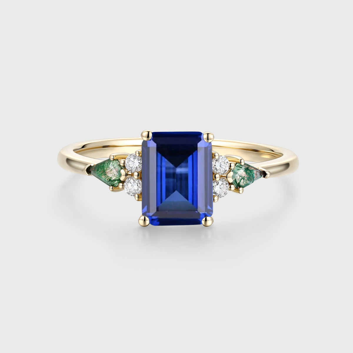 Emerald cut Sapphire & Kite cut Moss Agate Solid Gold Engagement Ring (
