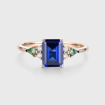 Emerald cut Sapphire & Kite cut Moss Agate Solid Gold Engagement Ring (