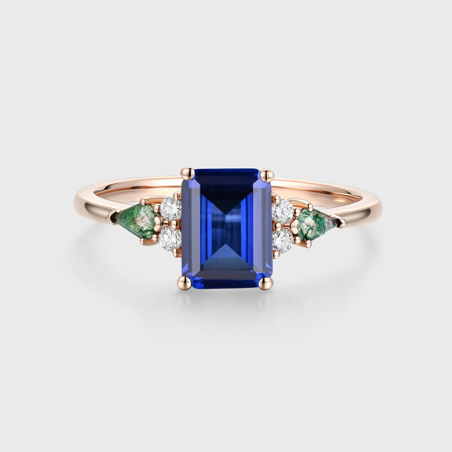 Emerald cut Sapphire & Kite cut Moss Agate Solid Gold Engagement Ring (