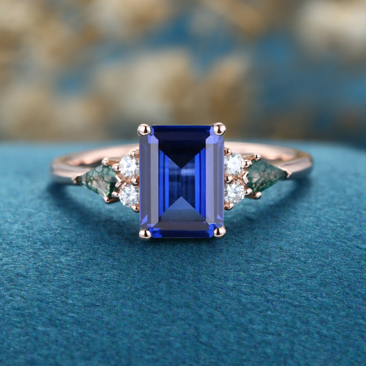 Emerald cut Sapphire & Kite cut Moss Agate Solid Gold Engagement Ring (