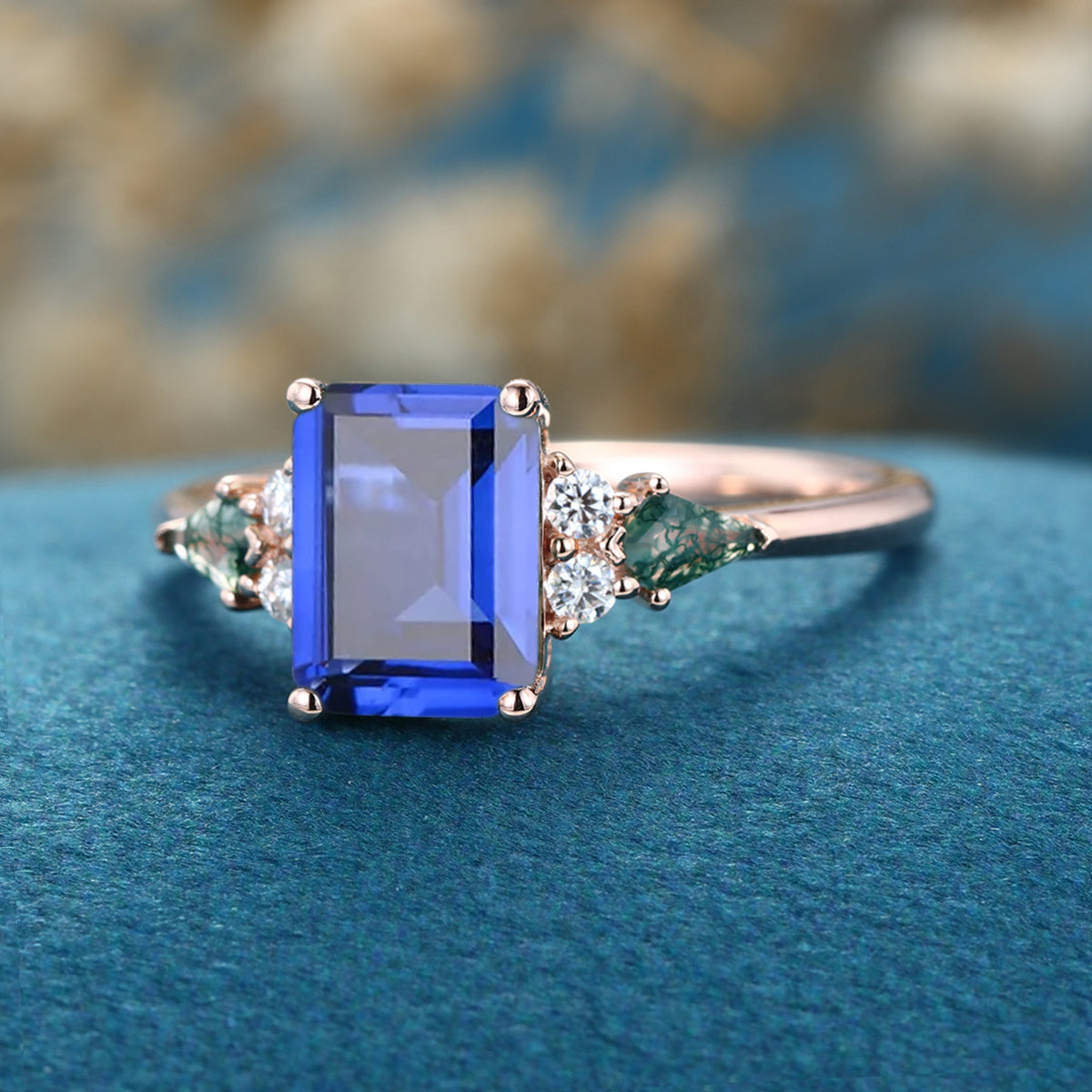 Emerald cut Sapphire & Kite cut Moss Agate Solid Gold Engagement Ring (