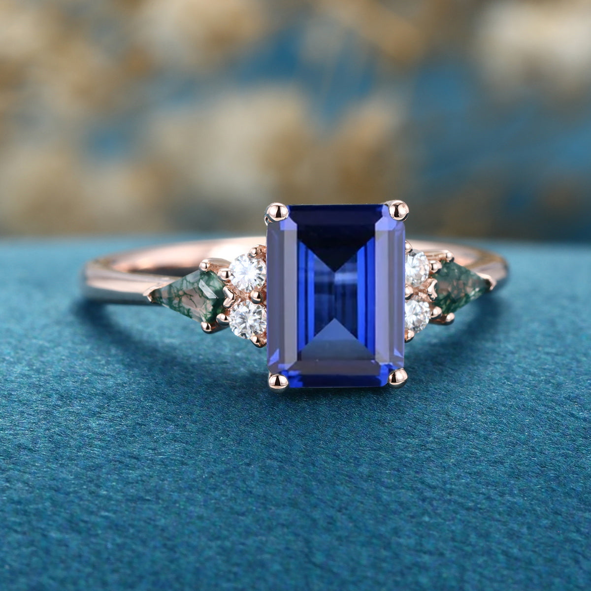 Emerald cut Sapphire & Kite cut Moss Agate Solid Gold Engagement Ring (