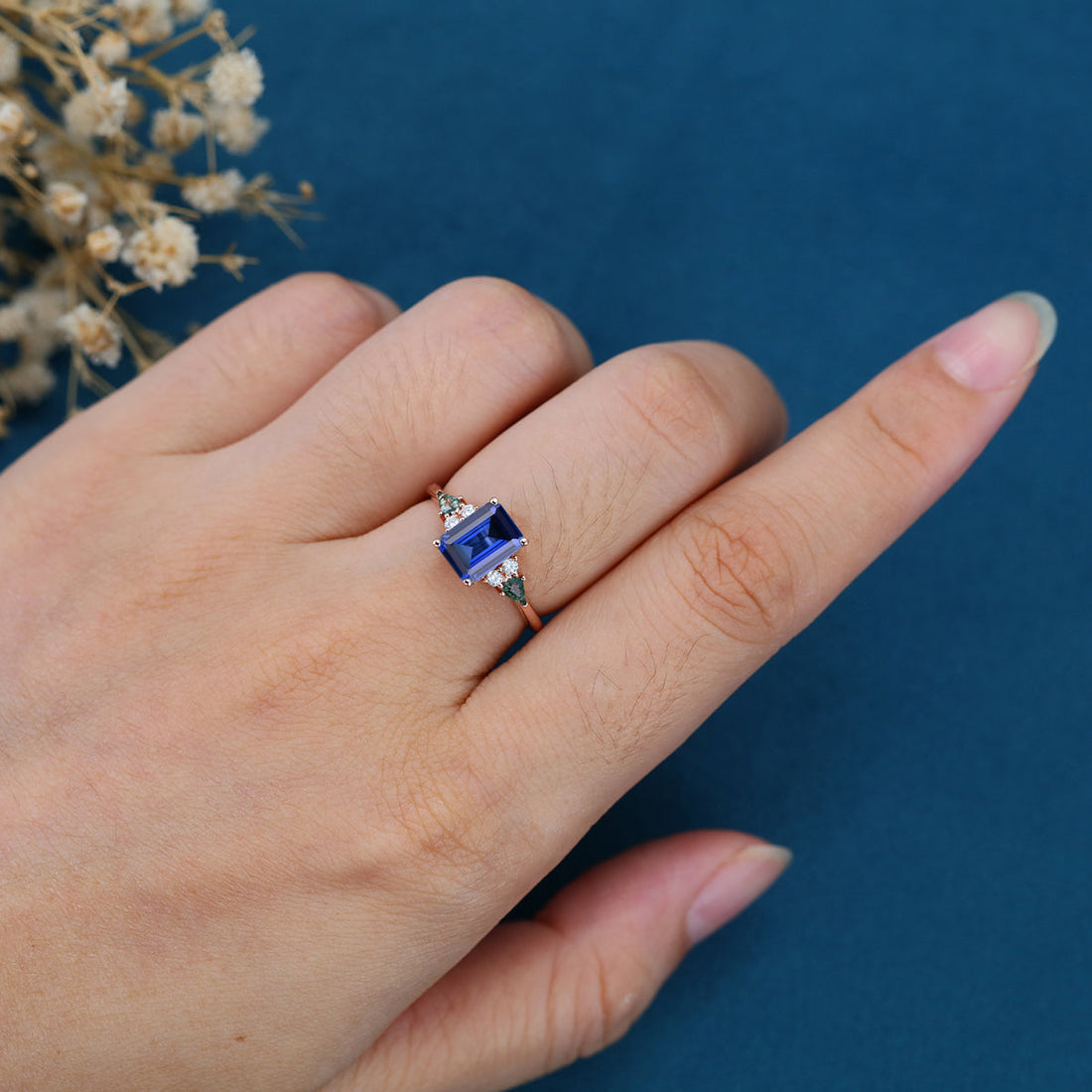 Emerald cut Sapphire & Kite cut Moss Agate Solid Gold Engagement Ring (