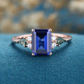 Emerald cut Sapphire & Kite cut Moss Agate Solid Gold Engagement Ring (