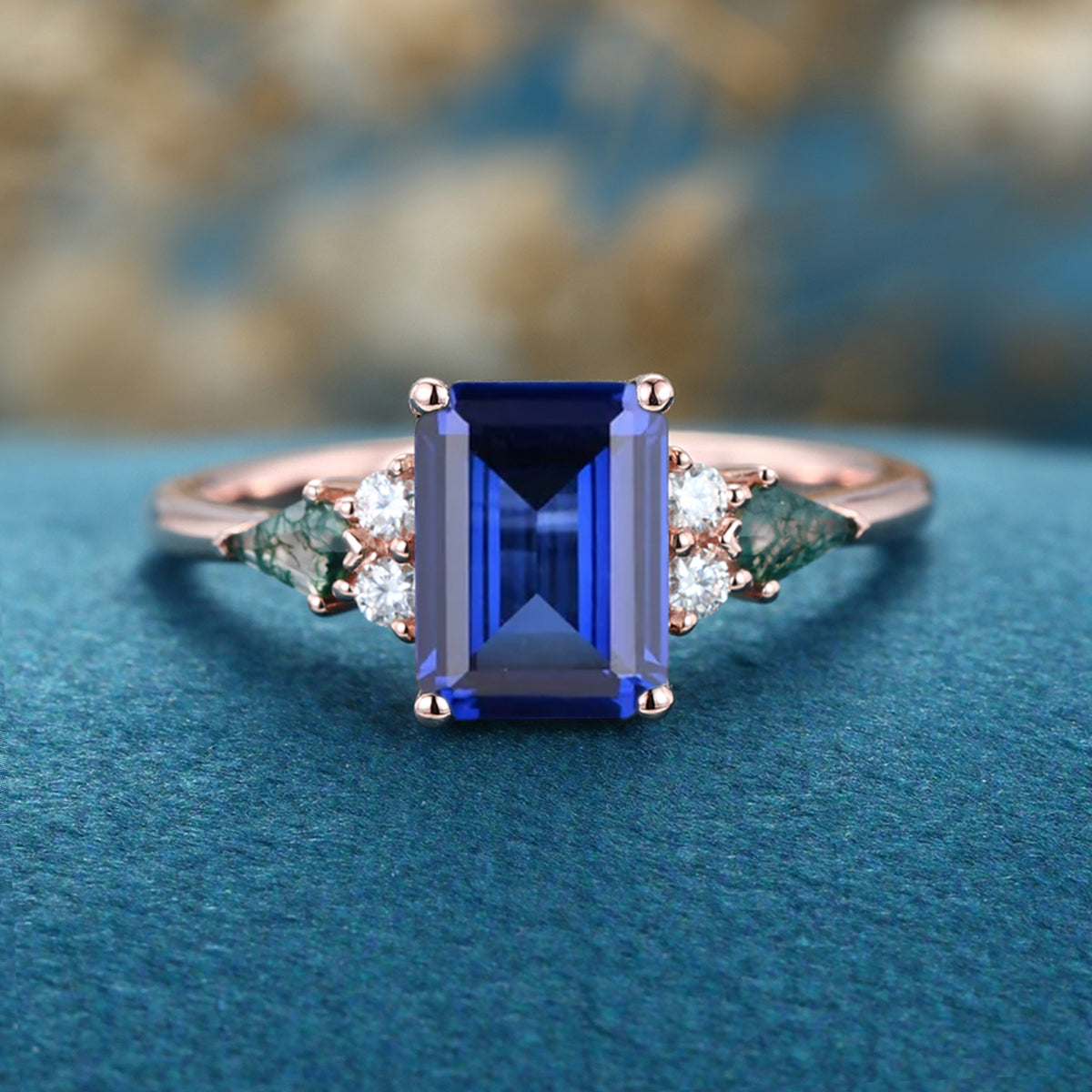 Emerald cut Sapphire & Kite cut Moss Agate Solid Gold Engagement Ring (