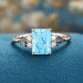 Emerald cut Turquoise & Kite cut Moss Agate Solid Gold Engagement Ring