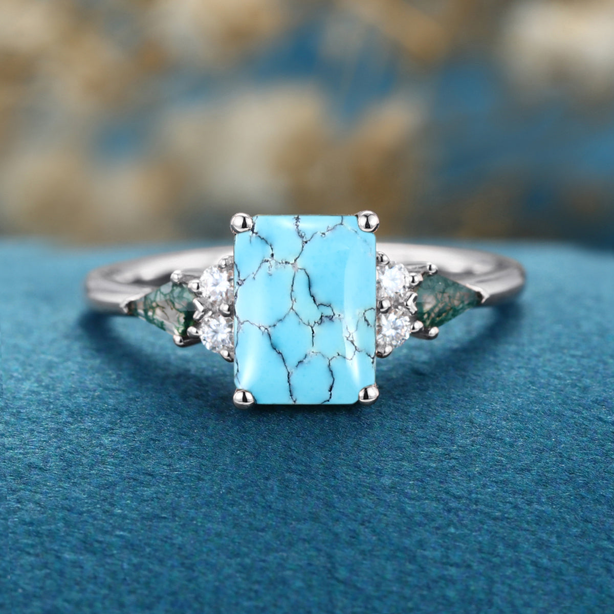 Emerald cut Turquoise & Kite cut Moss Agate Solid Gold Engagement Ring