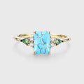 Emerald cut Turquoise & Kite cut Moss Agate Solid Gold Engagement Ring