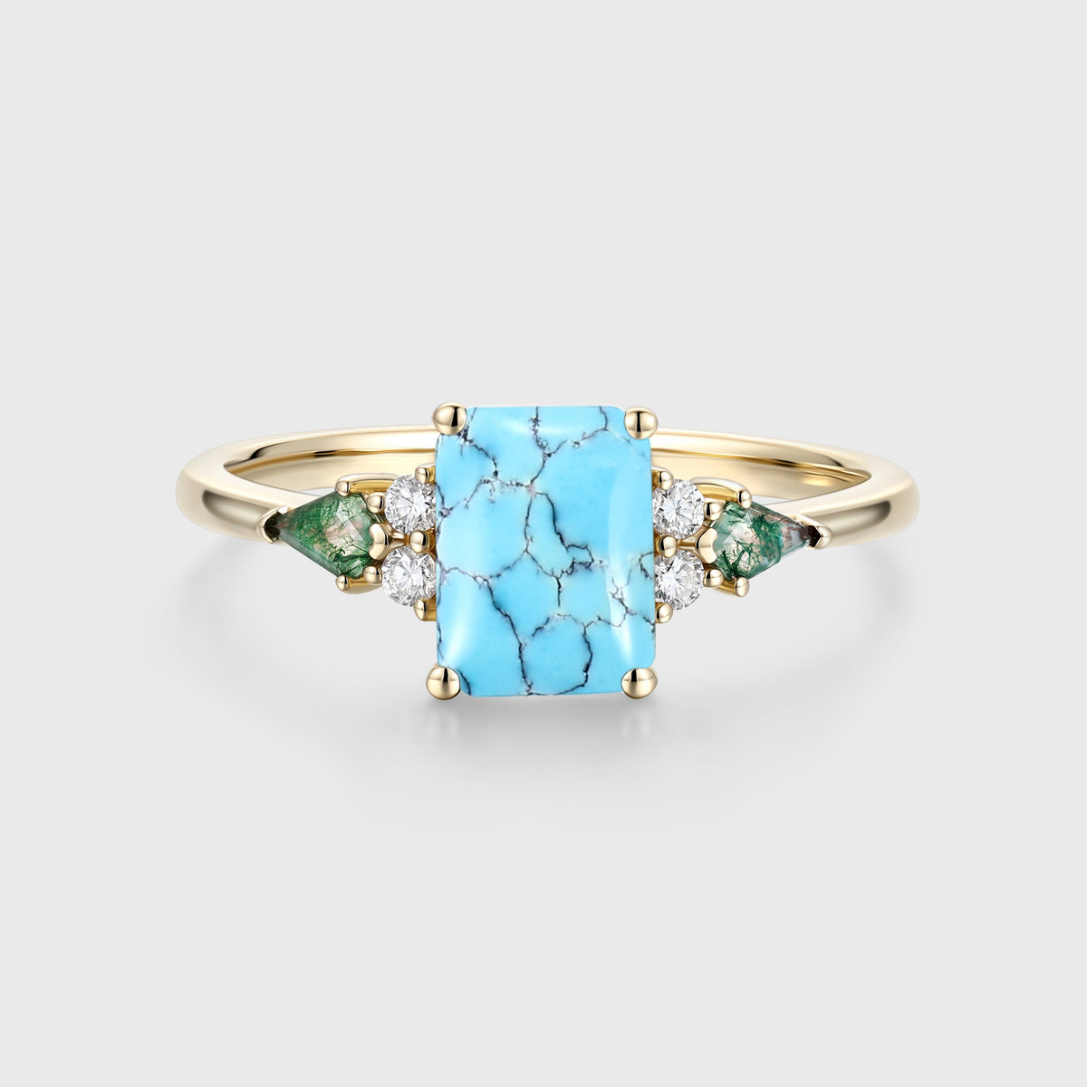 Emerald cut Turquoise & Kite cut Moss Agate Solid Gold Engagement Ring