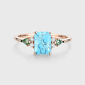 Emerald cut Turquoise & Kite cut Moss Agate Solid Gold Engagement Ring