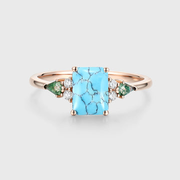 Emerald cut Turquoise & Kite cut Moss Agate Solid Gold Engagement Ring