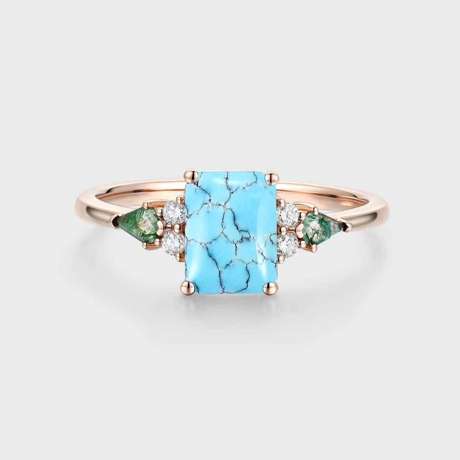 Emerald cut Turquoise & Kite cut Moss Agate Solid Gold Engagement Ring
