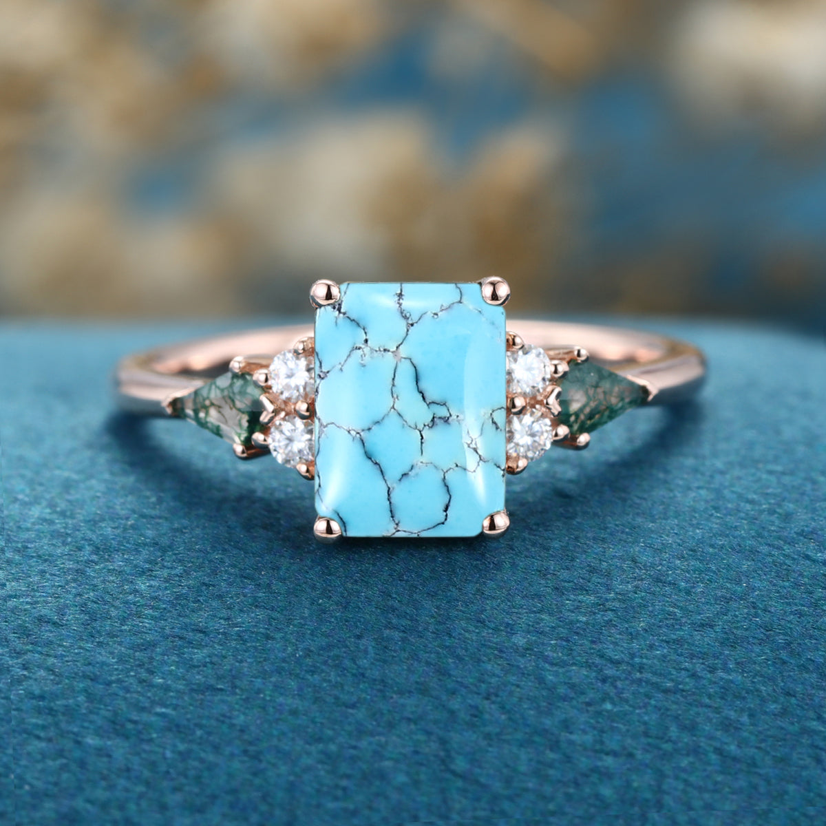 Emerald cut Turquoise & Kite cut Moss Agate Solid Gold Engagement Ring