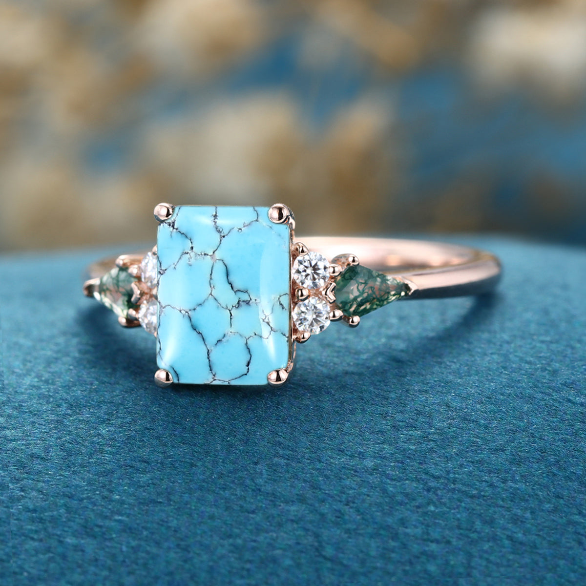 Emerald cut Turquoise & Kite cut Moss Agate Solid Gold Engagement Ring