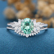 Oval cut Green Moissanite Engagement ring Bridal Set