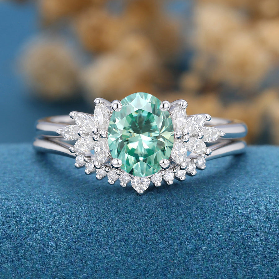 Oval cut Green Moissanite Engagement ring Bridal Set